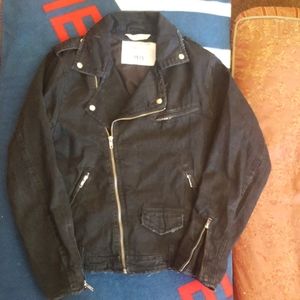 Mens size S black distressed denim biker jacker